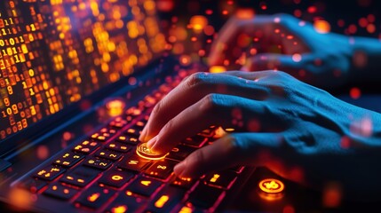 A person's hand pressing on a glowing keyboard with cryptocurrency and binary code, illustrating digital finance and coding.