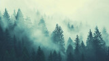 Fototapeta  - Misty landscape with fir forest in hipster vintage...
