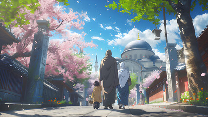 Canvas Print - illustration of a Muslim family heading to the mosque in the afternoon with cherry trees on the left and right. Ramadan background. Ai-Generated
