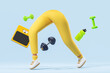 Cartoon legs in yellow pants and sneakers. Sports equipment floating in the air. Active lifestyle, healthy eating and exercise. 3d rendering