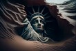Statue of Liberty half buried in the sand of a huge waterfall. Generative AI