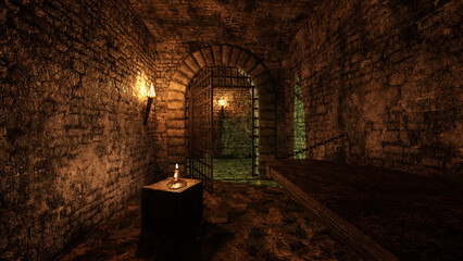 Wall Mural - Dark gloomy empty prison cell in an old medieval dungeon with flaming torch on the wall and candle on a wooden crate. 3D render.