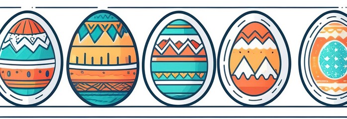 Wall Mural - Simple vector illustration of six colorful flat design easter eggs with geometric pattern designs isolated on white background