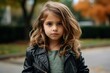 © Loli - Portrait of a beautiful little girl with curly hair in a black leather jacket outdoors.