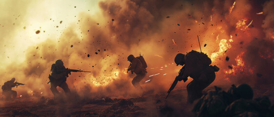 Wall Mural - Soldiers in a desert combat zone, an intense moment of action under fire