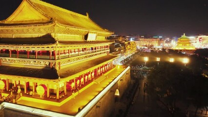 Wall Mural - Aerial drone view of Xian city Drum Tower at night