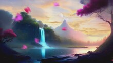 Waterfall With Big Trees And Pink Leaves And Pink Flying Butterflies