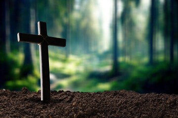 Canvas Print - Praying wooden cross in soil outdoor
