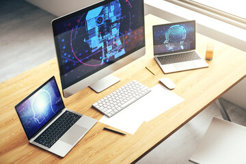 Wall Mural - modern computer monitor with creative artificial intelligence symbol. neural networks and machine le