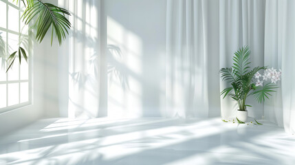 Wall Mural - Abstract white studio background for product presentation. Empty room with shadows of window and flowers and palm leaves