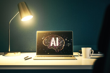 Wall Mural - modern computer display with creative human brain microcircuit. future technology and ai concept. 3d