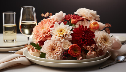 Poster - A beautiful bouquet of fresh flowers decorates the elegant table generated by AI