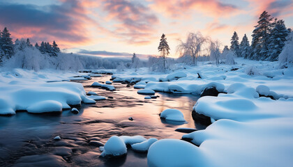 Wall Mural - Winter landscape snow covered forest, icy blue mountains, tranquil reflection generated by AI