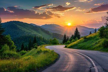 Travel landscape with road through the woods in fall. Autumn forest at sunset. Beautiful empty mountain roadway, trees with red and orange foliage.