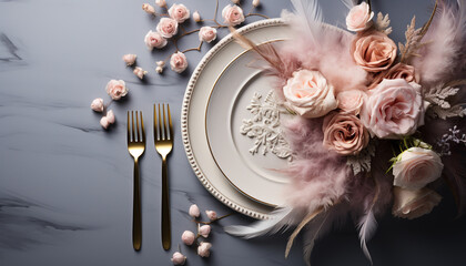 Wall Mural - Romantic wedding celebration with elegant table decoration and gourmet meal generated by AI