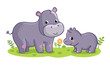 Two cute mom and baby hippo. Vector illustration.