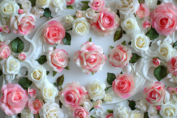  pink and white roses are placed in an oval pattern on