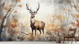 Fototapeta Dziecięca - Deer painting on the room wall. watercolor Deer in autumn forest vintage mural. Wall art wallpaper. 