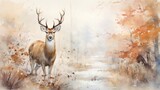 Fototapeta Dziecięca - Deer painting on the room wall. watercolor Deer in autumn forest vintage mural. Wall art wallpaper. 