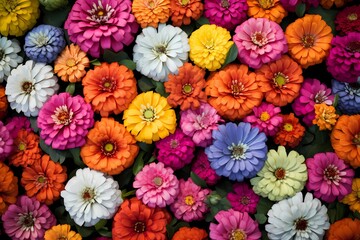  Top view of a garden bed filled with vibrant zinnias, providing a lively background for text.