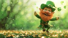 The Image Displays A Joyous Leprechaun With A Bright Orange Beard, Dressed In A Green Suit And Hat, Dancing On A Field Scattered With Golden Coins And Surrounded By Floating Green Clovers, All Under A