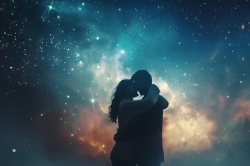 Wall Mural - Couple under a starry sky Embracing With a cosmic galaxy background Representing love and infinity