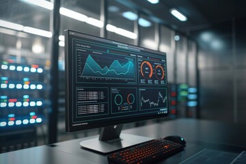 Monitoring screens displaying graphs and data analytics. Data security, cybersecurity, infrastructure concept. Data analysis, web, internet. Future technology. Design for banner, poster 