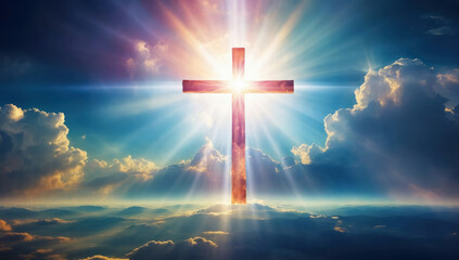 Canvas Print - God light in heaven in form of cross symbolizing divine. AI generated
