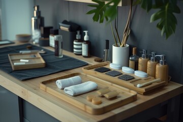 Wall Mural - A bathroom counter is shown with a wooden tray holding a variety of items. This image can be used to showcase bathroom organization or to illustrate daily hygiene routines