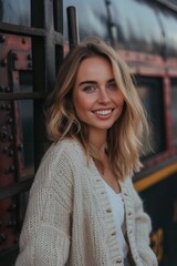 Poster - A beautiful young woman standing next to a train. Perfect for travel and transportation concepts