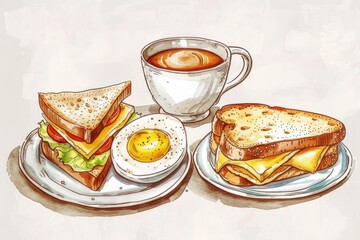 Sticker - A drawing of a sandwich and a cup of coffee. Perfect for food and beverage related designs