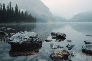 Poster - A serene view of a body of water with rocks and trees in the background. Perfect for nature and landscape themes