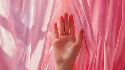 A person holding their hand up in front of a pink curtain. Suitable for various uses