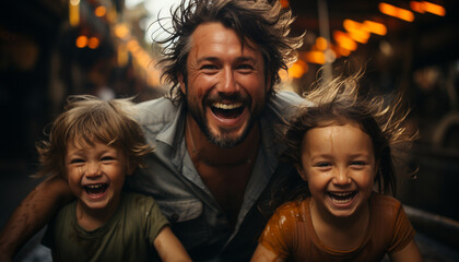 Poster - A happy family, one child, playing outdoors, smiling together generated by AI