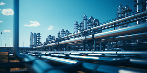 Wall Mural - Industrial zone, Steel pipelines and cables on blue sky background.