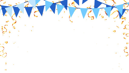 Wall Mural - Festive banner background with blue flags and gold confetti, vector illustration