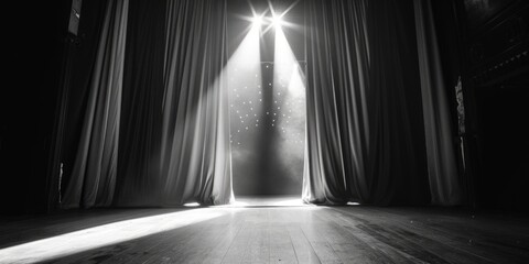 Poster - A black and white photo of a stage with curtains. Suitable for theater-related projects