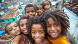 Fototapeta Uliczki - Group of smiling multiracial children trying to get in the photo in front of the labyrinthine streets of the favelas. Precarious living conditions in Brazilian cities. Ai generated