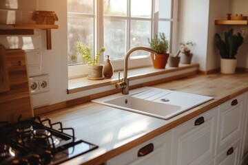 Canvas Print - A kitchen with a sink and a window. Suitable for home improvement projects and interior design concepts