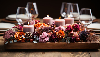 Poster - Romantic candlelight, elegant decor, fresh flowers, rustic wood table generated by AI