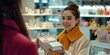 © Irina Ukrainets - Friendly store clerk handing a product to a customer. casual retail interaction. smiling service, gift shopping. AI
