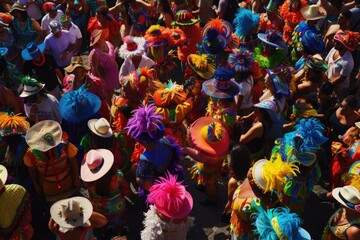 Canvas Print - A vibrant and lively image featuring a large group of people dressed in brightly colored costumes. Perfect for festive events and celebrations