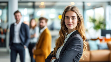 Proud professional business executive woman wearing suit and long hair with arms crossed on blurred office background. Ai generated