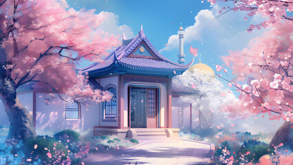 Wall Mural - Illustration of a Mosque with Sakura Trees in the Afternoon. Ramadan Background. Ai-Generated