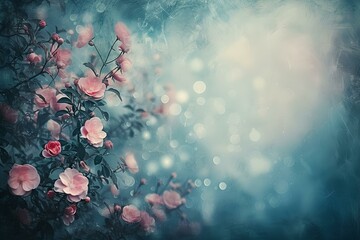 Wall Mural - Dreamy floral scene captured in ethereal light, pink blossoms on a cool blue background. perfect for designers. AI