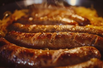 Wall Mural - A picture of a bunch of sausages cooking on a grill. Perfect for showcasing a mouthwatering barbecue scene.