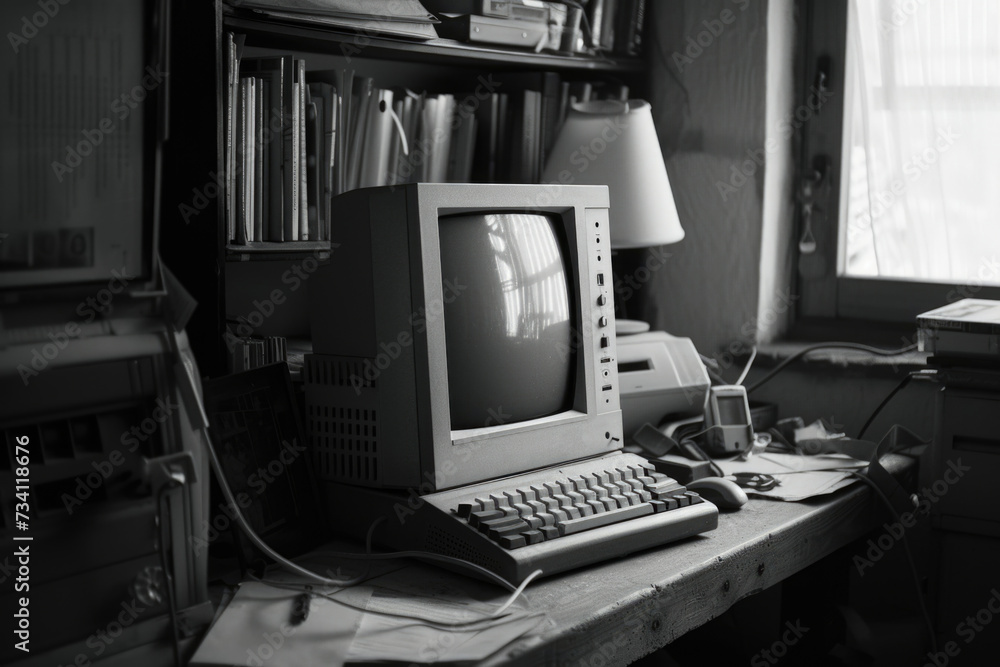 An old computer sitting on top of a wooden desk. Perfect for ...