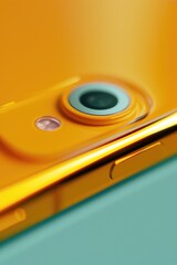 Poster - A close-up view of a yellow cell phone. This image can be used to depict modern technology and communication.