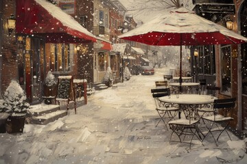 Sticker - A painting of a snowy street with tables and umbrellas. Can be used for winter-themed designs or outdoor cafe scenes