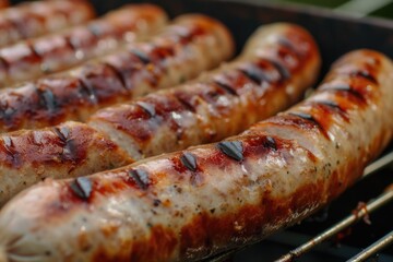 Wall Mural - Sizzling sausages on a grill. Perfect for outdoor barbecues and cookouts